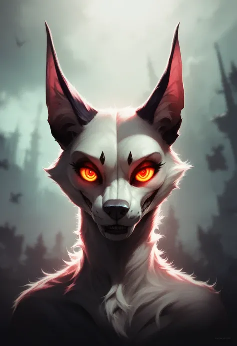 beautiful furry female skulldog, night time, highly detailed, 8k, photorealistic, masterpiece, extremely detailed face, hyperealistic, intricate details, glowing eyes, sharp focus, vibrant colors, dramatic lighting, cinematic composition, moody atmosphere,...