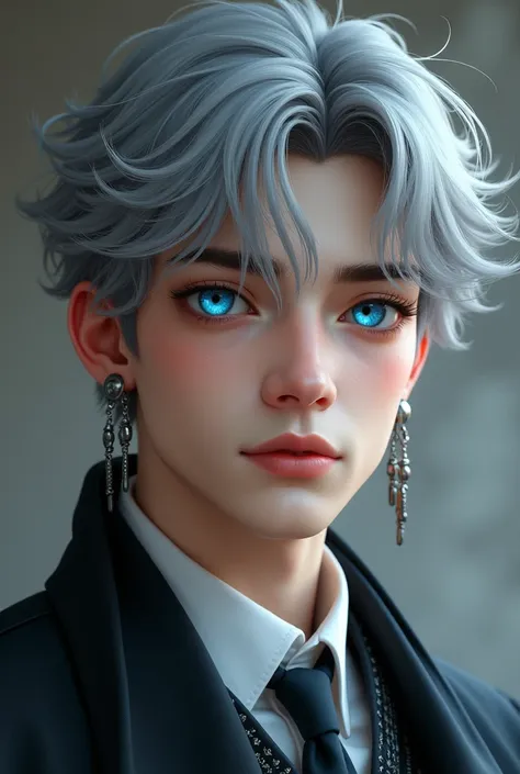 Gray Hair、blue eyes、Beautiful Boy、、Handsome、Earrings