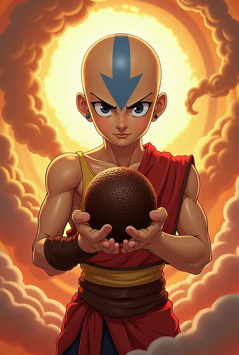 Make a JoJo version of Aang from Avatar holding a brigadeiro, with the name "Elementary Brigadier"