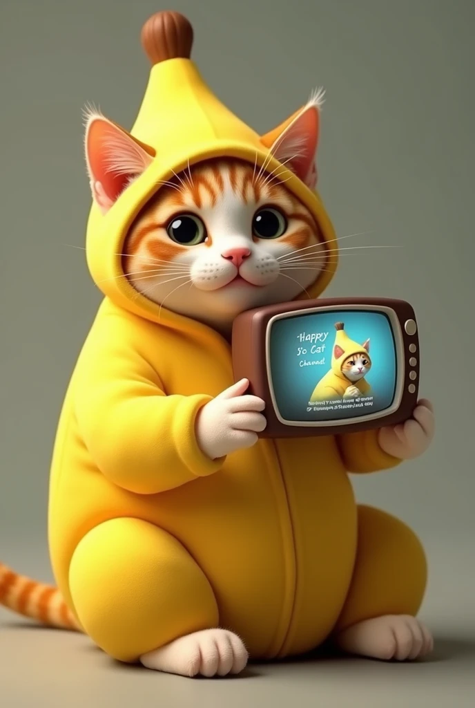 Make a cat out of a banana suit,  on the cell phone watching the happy happy cat channel
