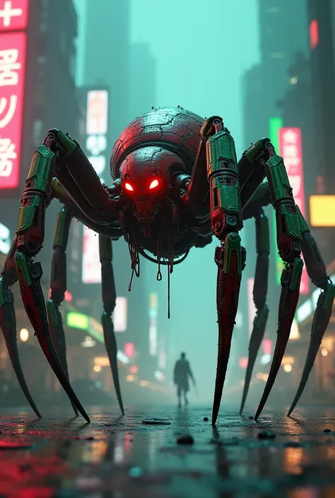 Giant spider in red and green with bicycle cyborg costume (8 legs) with glowing red eyes walking in cyberpunk neon city with dark lights