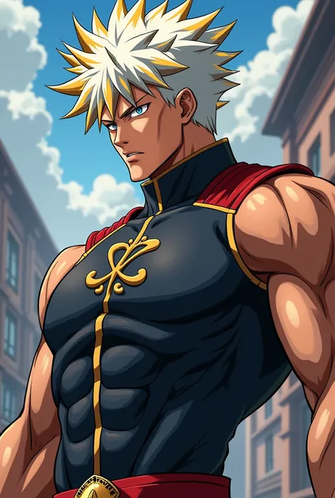 My Hero Academia, género masculino cuerpo igual al de Gojo de jujutsu kaisen pero con el pelo de yoruichi kny color de pelo blanco con las puntas doradas y con el uniforme de la ua de My Hero Academia 