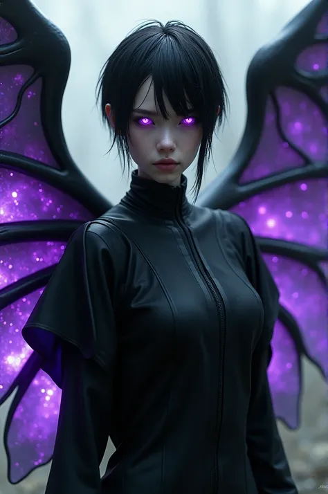 down, It is of androgynous humanoid appearance, Her hair is short and black, His body is grayscale in color, his eyes are purple, He is dressed in dark clothes with some details shining in purple., and has three pairs of wings, similar to seraphim angels w...