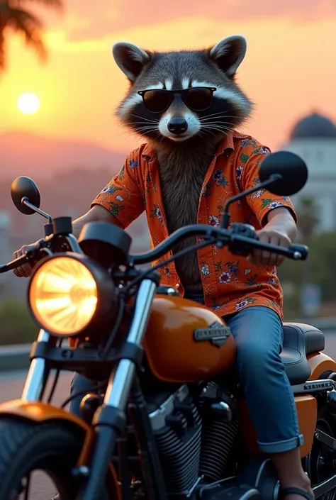 Adult male raccoon, with Hawaiian blouse, rayban sunglasses, at dusk to Los Angeles California, riding a Harley Davidson 883