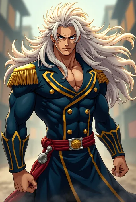 My Hero Academia, male gender body same as Gojo from jujutsu kaisen but with long hair,color de pelo blanco con las puntas doradas y con el uniforme de la ua de My Hero Academia 