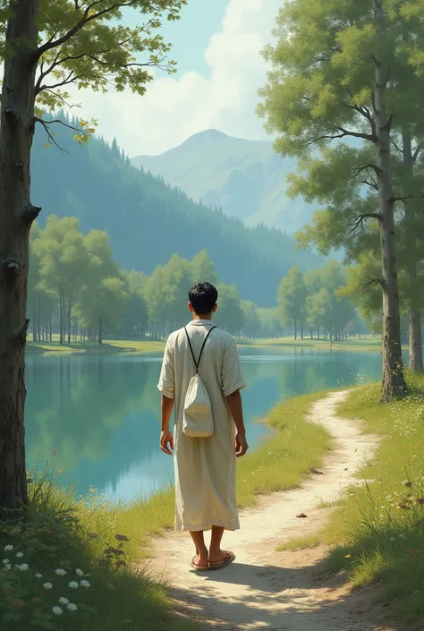 A man of 1,60 wearing a square white cloth bag, slightly wavy in the wind, while walking along a trail next to a lake.