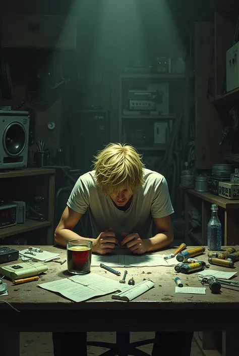 Failed blond male singer using drugs on a dusty table in a room full of instruments
