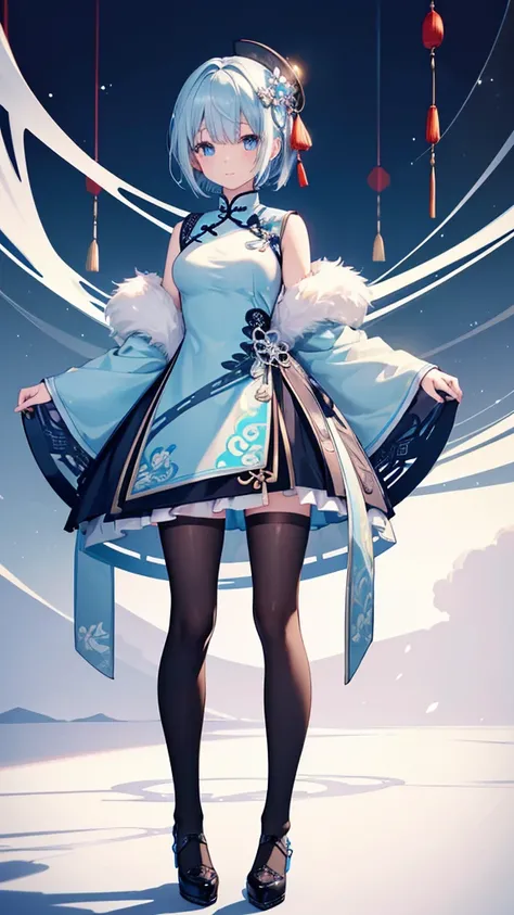 (Highest quality,Very detailed,High resolution,China Musume),black tights,Light blue hair,short hair,cute,blue eyes,Wearing a Chinese dress,Her highlights are a bright white..,Her eyes are white and shining,She looks at me shyly