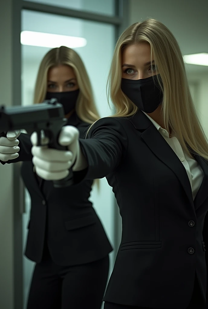 2 women wearing long blonde hair wigs with masks and wearing white leather gloves taking hostages with their guns in a bank 