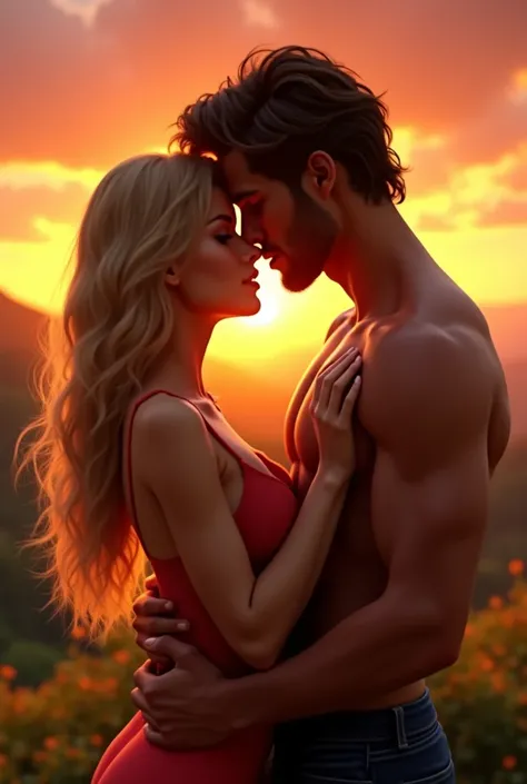 Create a realistic 3d image of a white girl with long, thin blonde hair and a tall, muscular white boy with brown hair, both kissing and the sunset in the background
