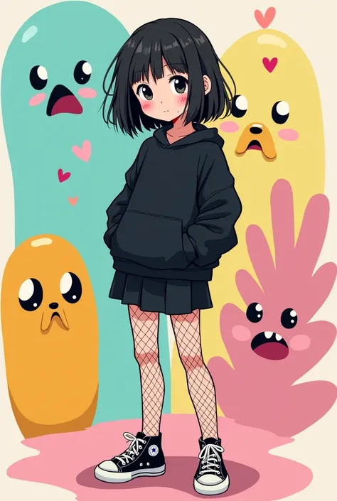 Human with medium cute hair in black skirt black sweatshirt blushing with fishnet tights and black converse dye Adventure Time style