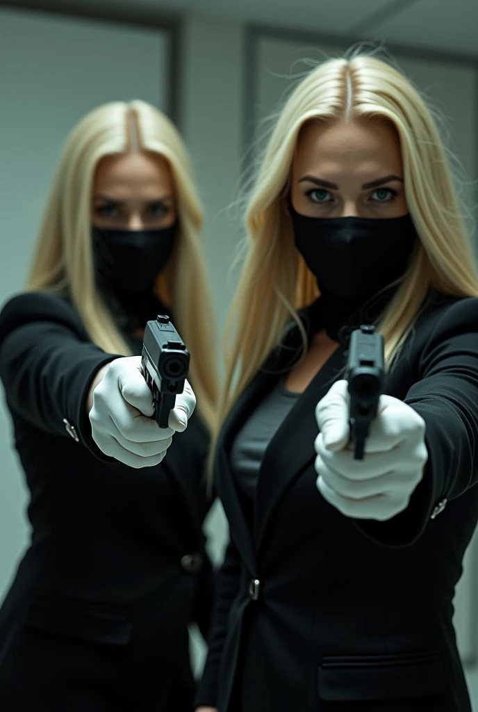 2 women wearing long blonde hair wigs with masks and wearing white leather gloves taking hostages with their guns in a bank 