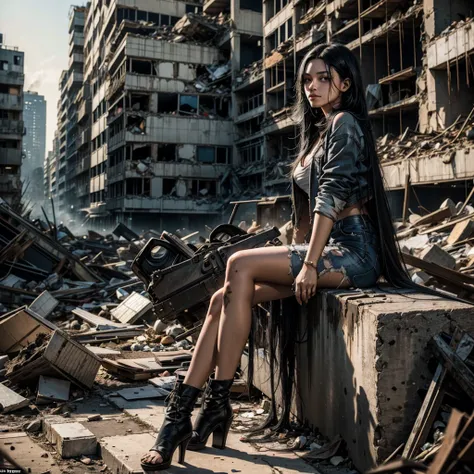 
a young woman with long black hair with torn and worn clothes looks restlessly towards the camera, behind her some smoking piles of rubble