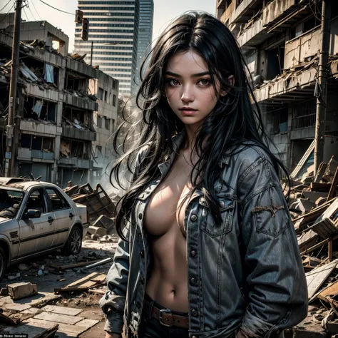 
a young woman with long black hair with torn and worn clothes looks restlessly towards the camera, behind her some smoking piles of rubble