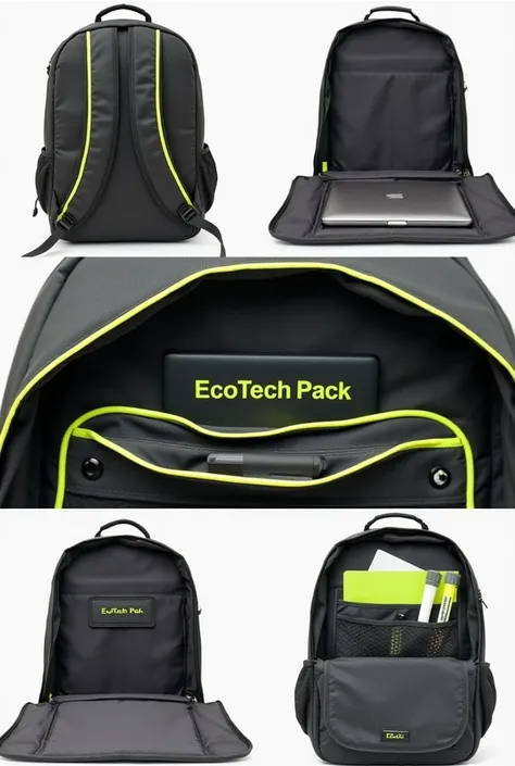 Shows only the inside of the backpack in a collage of 4 photos. The backpack is dark grey with neon edges. Name "EcoTech Pack" It must be in green inside the backpack. Do not include any part of the outside, the back or front. Details the computer compartm...