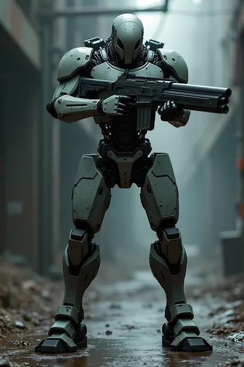 Slim Agressive Robot staning holding a gun