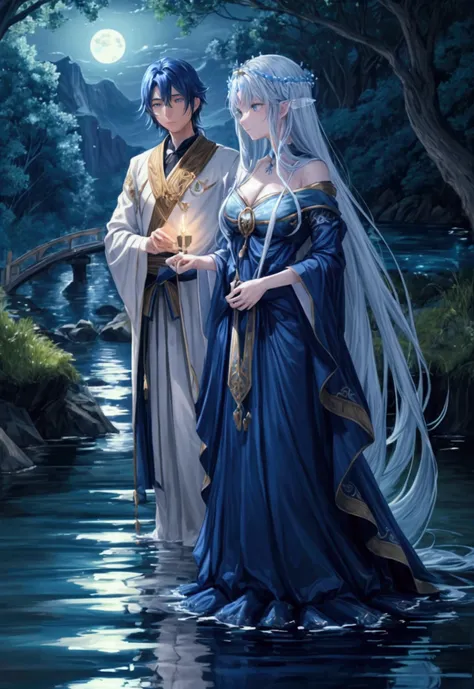 Create a serene nighttime scene under a full moon with a couple standing at the edge of a tranquil, sapphire-blue river. The river emits a gentle, mysterious glow. Emerging from the water is a luminous female figure with long, flowing hair that seems to me...