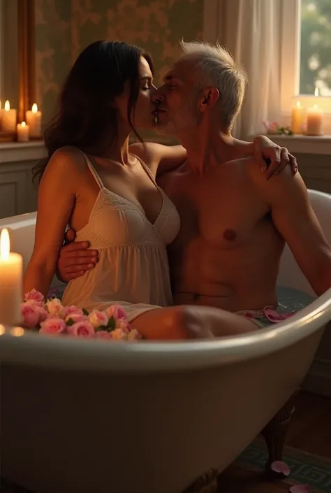 Hot girl, curvy hourglass body, wearing nighty, on bathtub, very old man, wearing underwear, kissing in night, romantic lights, roses