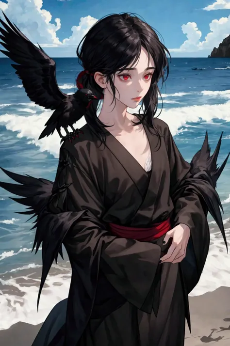 NSFW, short boy, feminine small shotacon, holding crow pet, small fragile body, black fur-lined clothes hanging on the shoulder, little to no clothes (showing core body), black hair, very messy mullet hair, bangs, shining crimson eyes, masterpiece, 8k, pho...