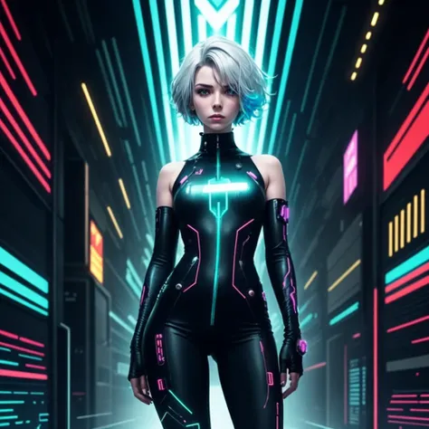 An androgynous figure with silver metallic hair, adorned with neon geometric patterns, wearing a futuristic, asymmetrical outfit. The subject stands against a backdrop of swirling digital codes and vibrant glitch art, creating a cyberpunk atmosphere. The o...