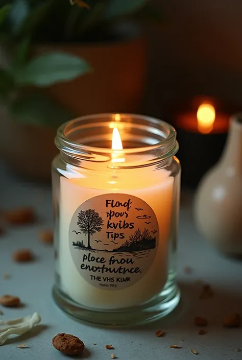 Candle in a glass jar with an eye-catching sticker and a beautiful drawing and a slogan about caring for the environment