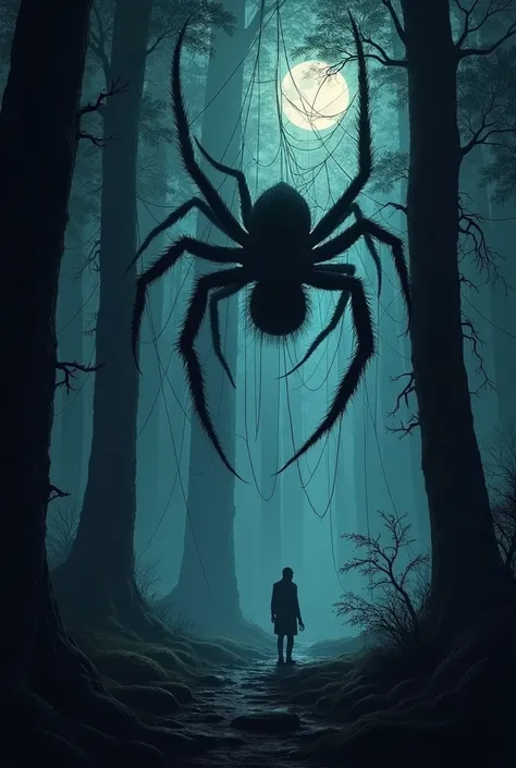 dark landscape, night, You can see the trees in the distance by the moonlight, You can see how tall the trees are, A man stands between them and he is tiny, And between the trees you can see some huge spider webs and a spider slowly descends from them show...