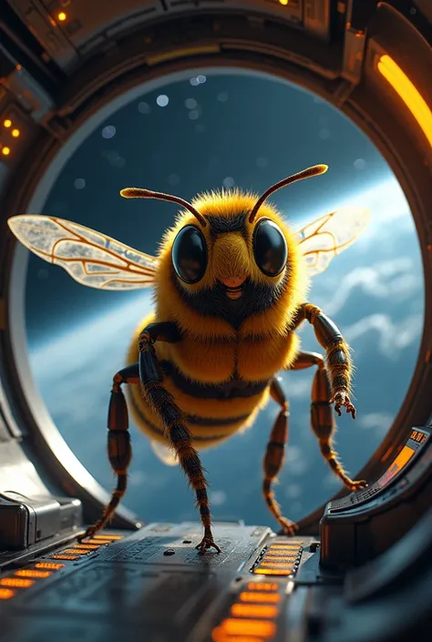 An image of a strong but charming bee traveling in a rocket 