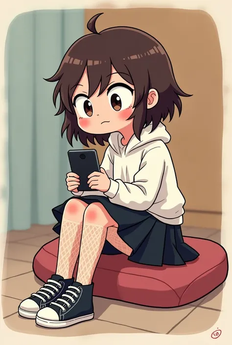 Human with cute medium hair wearing black skirt and white sweatshirt, blushing in fishnet tights and black converse sneakers, Adventure Time style character full chibi body sitting with a phone 