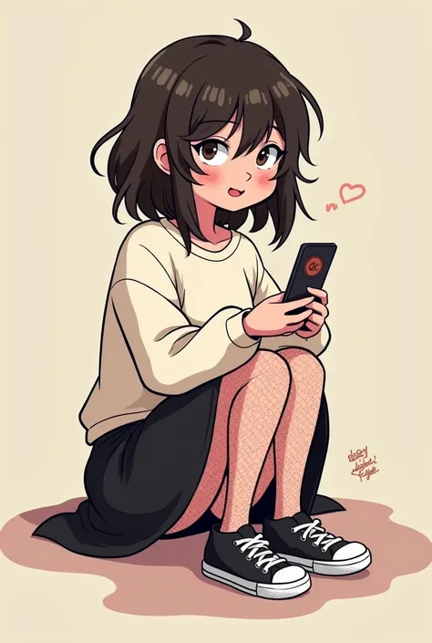 Human with cute medium hair wearing black skirt and white sweatshirt, blushing in fishnet tights and black converse sneakers, Adventure Time style character full chibi body sitting with a phone 