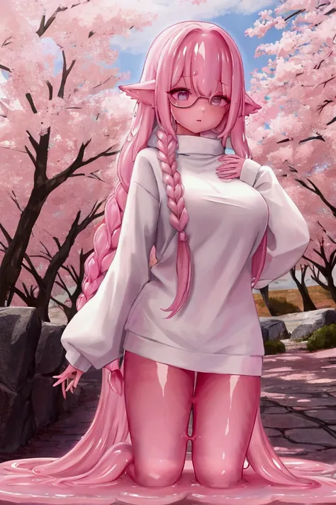 Pink Slime girl, long pink hair, white sweater, sfw, busty 