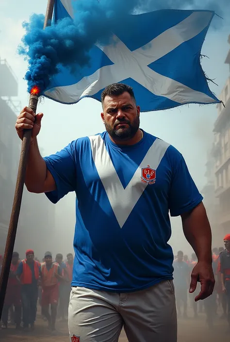 A hooligans with a flag with a V from side to side and a flare with the colors blue and white in shorts and a blue soccer shirt and a V on the chest that goes from the shoulder down to the chest and back up to the other shoulder in white.