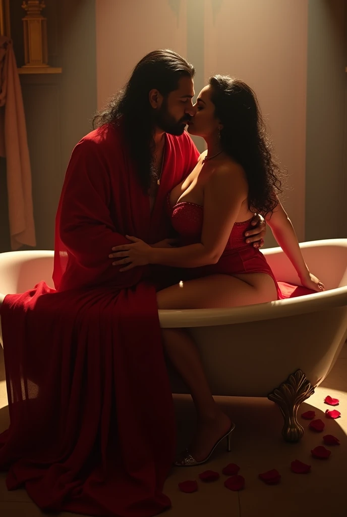 Hot girl, curvy hourglass body, wearing red nighty, on bathtub, hindu pandit , kissing in night, romantic lights, roses