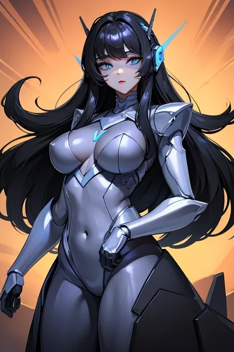 empty eyes,robotization,woman ,big bust,Robot Joint ,Metal skin,Black Suit,long hair,a black suit that covers the whole body