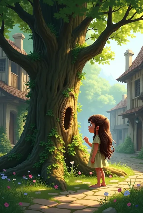 An 8-year-old girl named Sofia in an ancient village whispering to a magical tree
