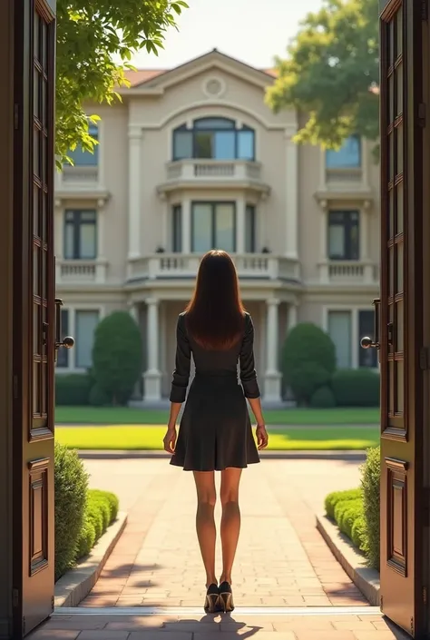 woman at the door of a residential building
