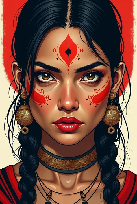 I need an indigenous woman with tattoos and her face painted with stretchers and red paint on her 2d face