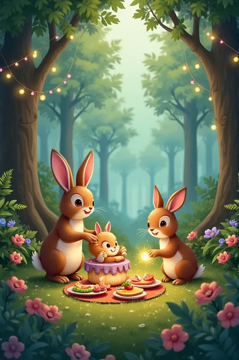 Preparation of forest: Forest scene with colorful flowers, twinkling lights, and festive decorations. The rabbit is arranging the flowers, the deer is arranging the lights, and the cat is arranging the food.