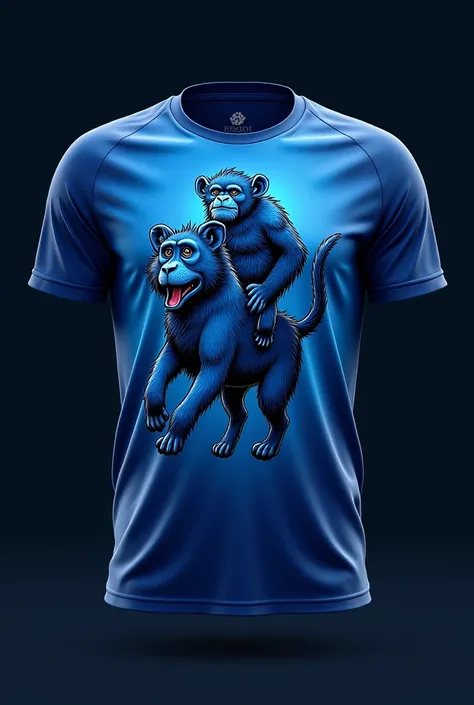 Black football shirt with a blue monkey riding a blue dog 
