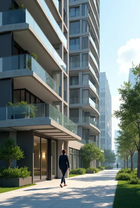 Woman entering a residential building
