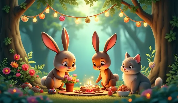 Preparation of forest: Forest scene with colorful flowers, twinkling lights, and festive decorations. The rabbit is arranging the flowers, the deer is arranging the lights, and the cat is arranging the food.