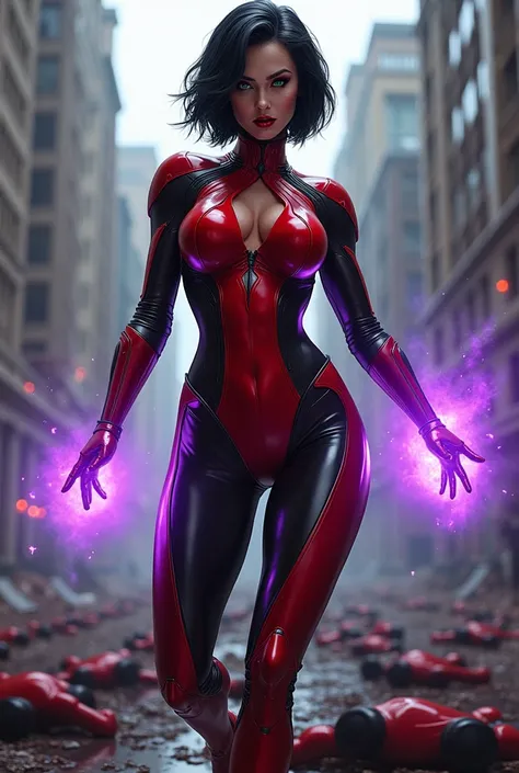 A confidant, sexy pose of a Beautiful and powerful evil supervillain woman with short black hair in a layered bob, green eyes covered by a red and black high tech visor, and red lips, a sadistic grin across her face.  She is wearing a sleek skintight brigh...