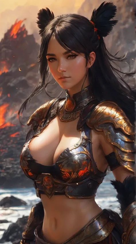 work of art, best qualityer, defLaev, hair ornament, twintails, body preto, bared shoulders, armors, gauntlets, feather trim, trunk, portraite, looking ahead at viewer, from low, fire, stones, lava, breasts exposed