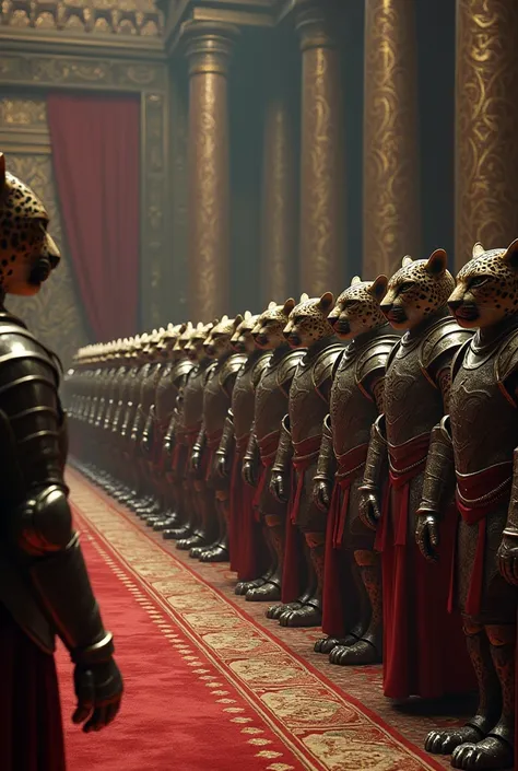 image of the leopard army lined up inside the palace wearing iron armor lining up to protect the king