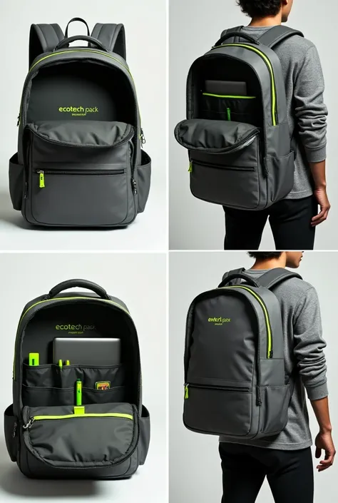 Shows only the inside of the backpack in a collage of 4 photos. The backpack is dark grey with neon edges. Name "EcoTech Pack" It must be in green inside the backpack. Do not include any part of the outside, the back or front. Details the computer compartm...