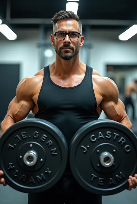 An athletic man wearing a tank top and glasses holding 50kg weightlifting plates with the name " J.Castro team " written on the ring 