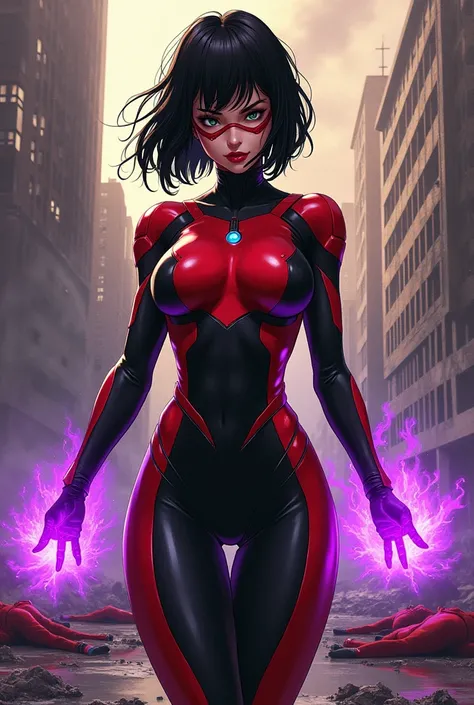 Manga style. A confidant, sexy pose of a Beautiful and powerful evil supervillain woman with short black hair in a layered bob, green eyes covered by a red and black high tech visor, and red lips, a sadistic grin across her face.  She is wearing a sleek sk...