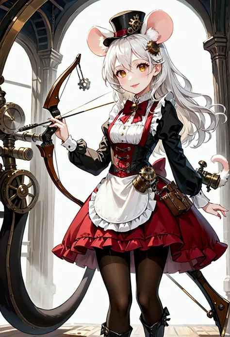 (best quality,4k,8k,highres,masterpiece:1.2), ultra-detailed, Pretty anthropomorphic mouse girl, drawn in anime style, steampunk, wearing a yellow frilly dress with long sleeves, white apron, petticoat, corset, long curly white hair and red eyes, beautiful...