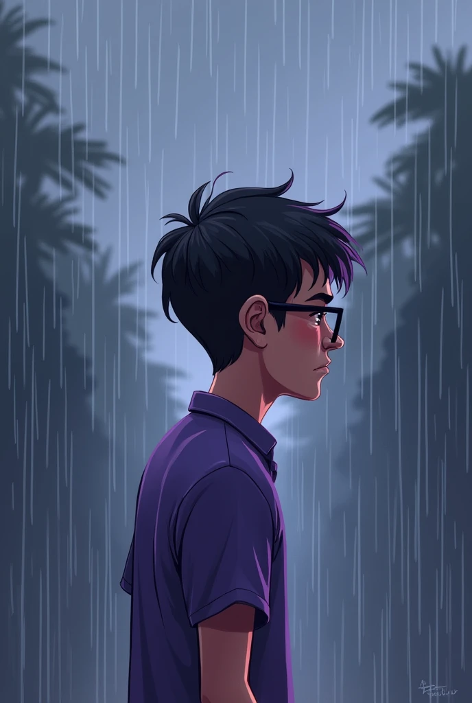 A song cover with a guy dressed in a purple shirt with glasses in the rain But make it a drawing and the guy further away Make it like a cartoon But make it convey sadness The guy further away, with his back turned and looking super sad, like a child