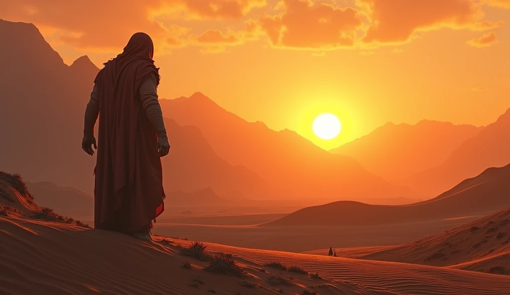 sunset in the Afghan desert, mountains in the background, on the horizon you can see the figure of a primitive giant with his back turned