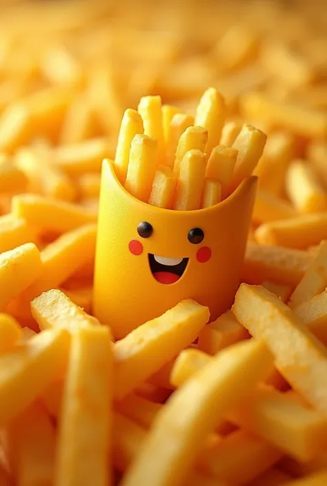 Create me a friendly realistic type image of a French fry in a world of French fries on World French Fry Day